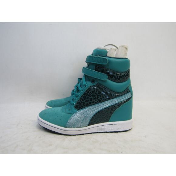 Puma Womens Sz 8.5 Teal Leather Strap Hidden Wedge Ankle Fashion Boots - Picture 1 of 11